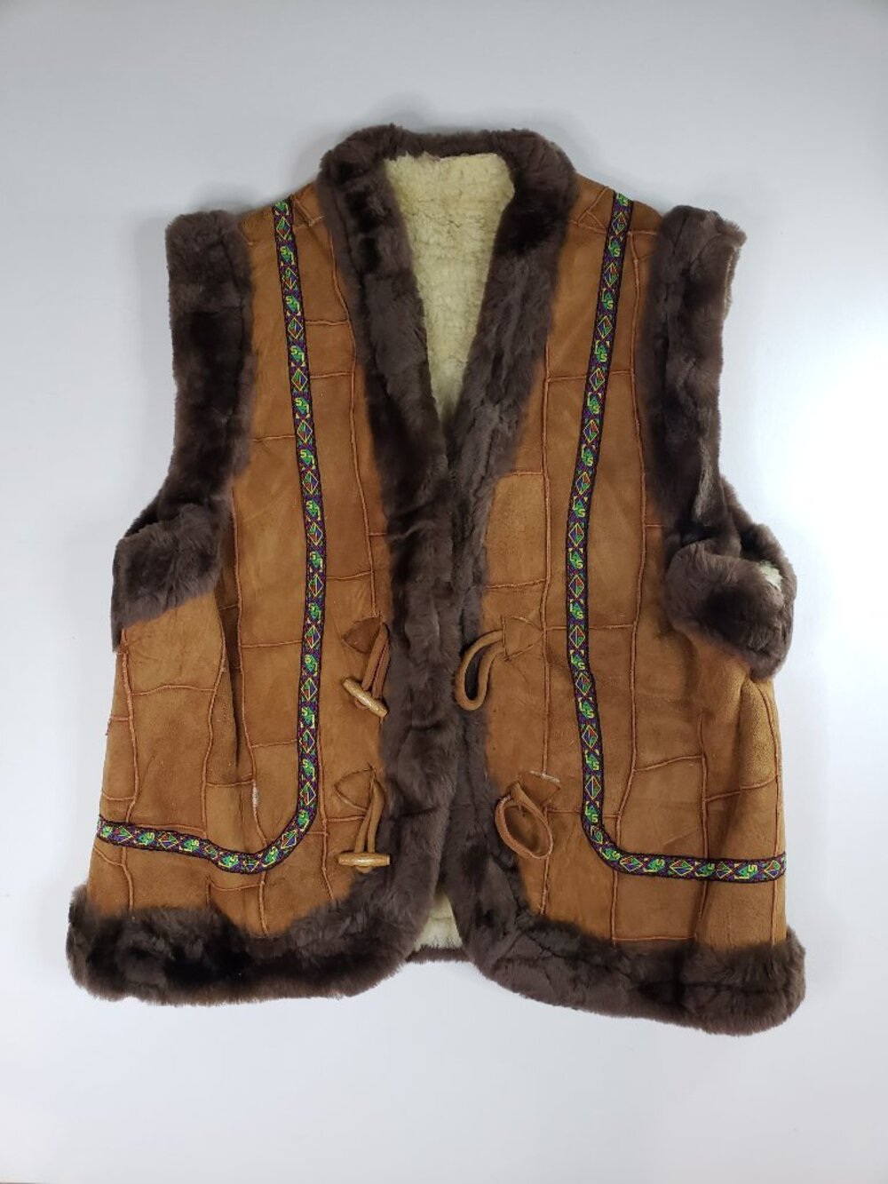 Vintage 60s 70s Afghan Patchwork Suade Vest Shearling Boho Western Women Unisex